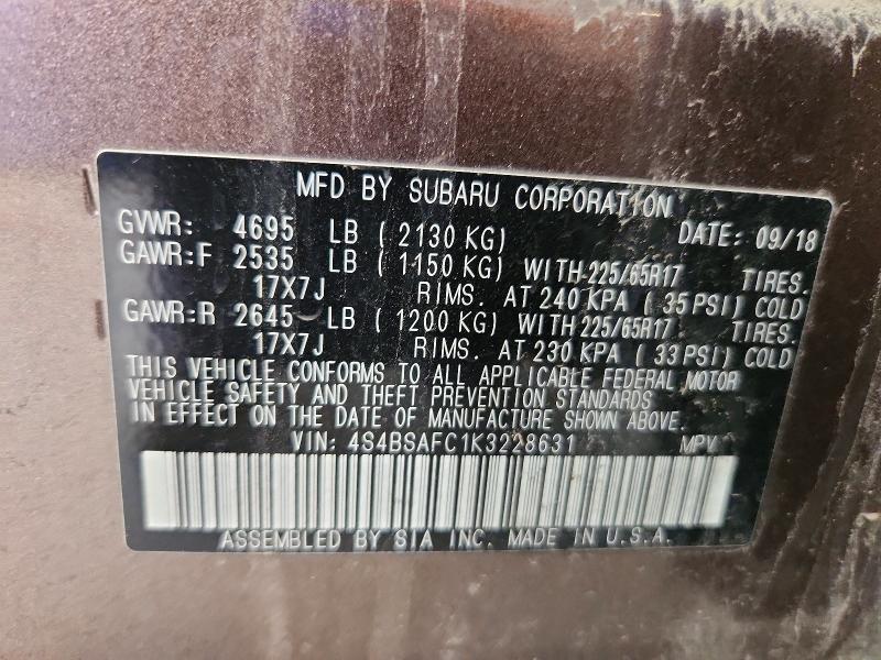 53977806 :رقم المزاد ، 4S4BSAFC1K3228631 vin ، 2019 Subaru Outback مزاد بيع