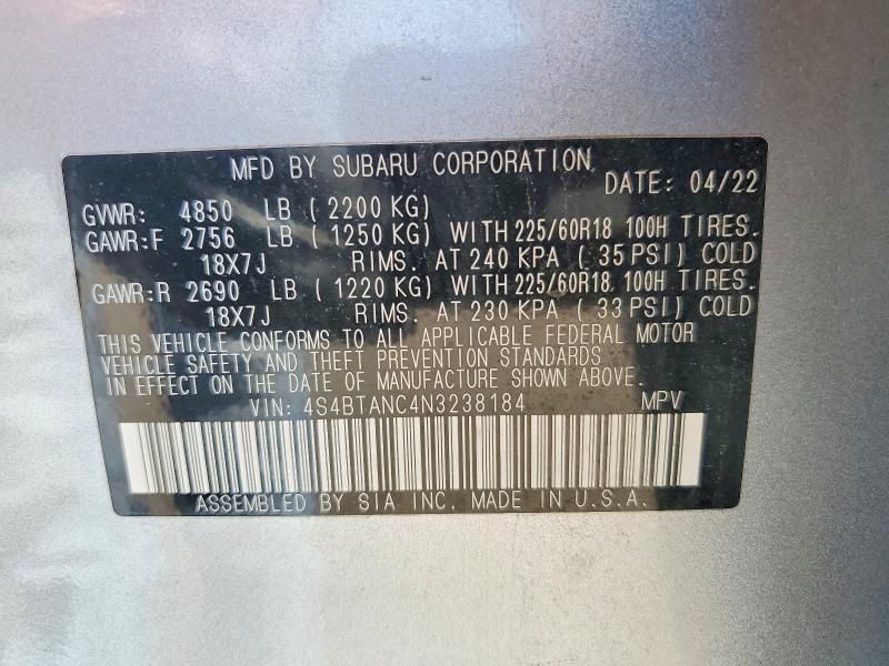 Продаж на аукціоні авто 2022 Subaru Outback, vin: 4S4BTANC4N3238184, номер лоту: 52408776