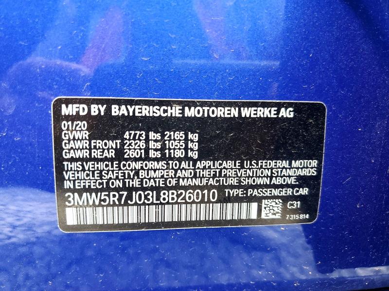 Aukcja sprzedaży 2020 Bmw 330xi, vin: 3MW5R7J03L8B26010, numer aukcji: 54348916