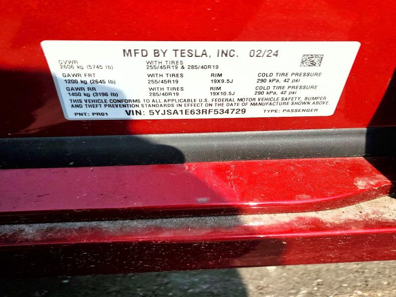 Продажа на аукционе авто 2024 Tesla Model S, vin: 5YJSA1E63RF534729, номер лота: 52933286