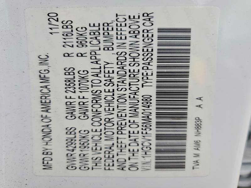 55157756 :رقم المزاد ، 1HGCV1F56MA014980 vin ، 2021 Honda Accord مزاد بيع