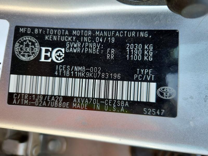 Продажа на аукционе авто 2019 Toyota Camry, vin: 4T1B11HK9KU783196, номер лота: 53423566