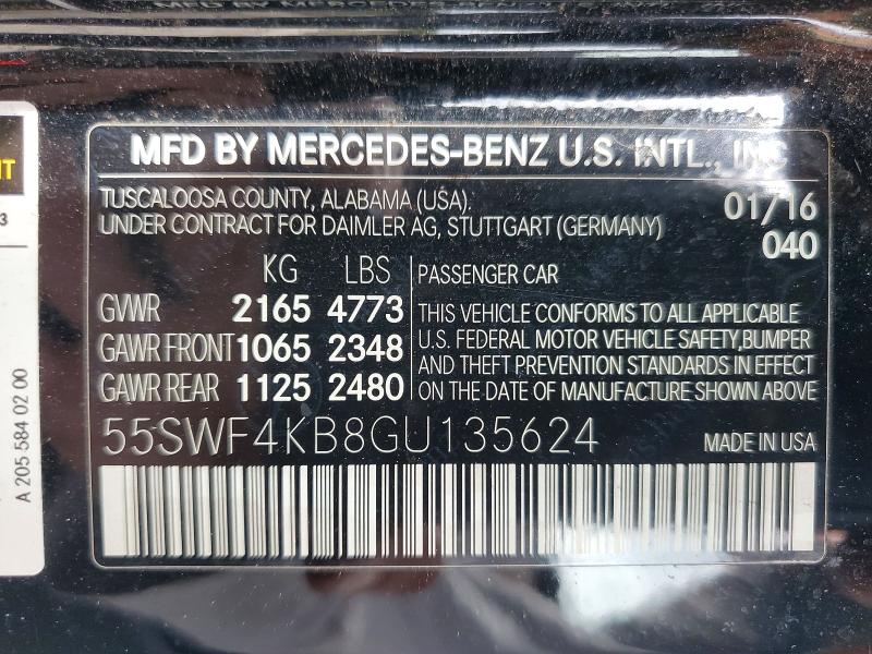 2016 Mercedes-benz C მანქანა იყიდება აუქციონზე, vin: 55SWF4KB8GU135624, აუქციონის ნომერი: 53311996