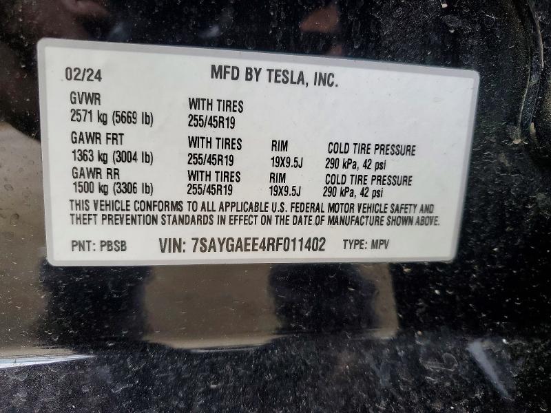 Продажа на аукционе авто 2024 Tesla Model Y, vin: 7SAYGAEE4RF011402, номер лота: 52576046