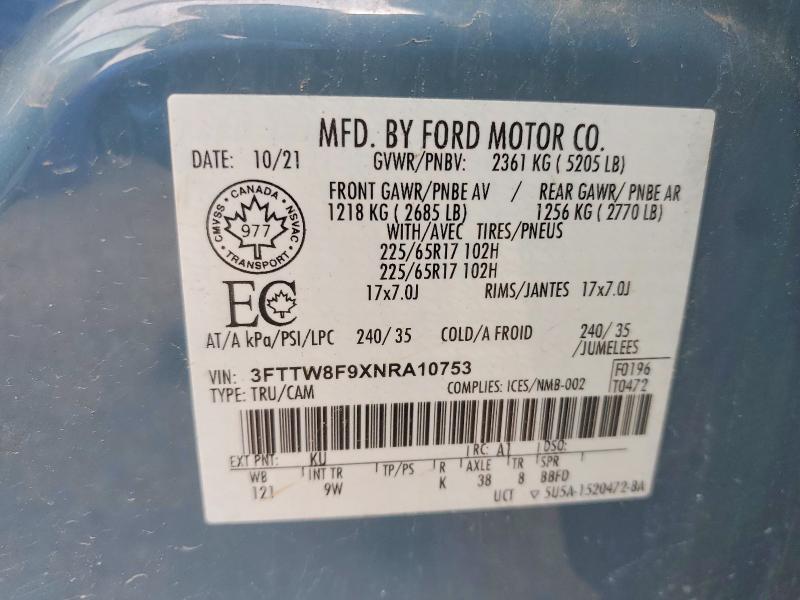 53425806 :رقم المزاد ، 3FTTW8F9XNRA10753 vin ، 2022 Ford Maverick مزاد بيع