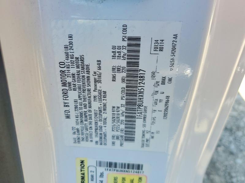 53889056 :رقم المزاد ، 1FATP8UHXN5124817 vin ، 2022 Ford Mustang مزاد بيع