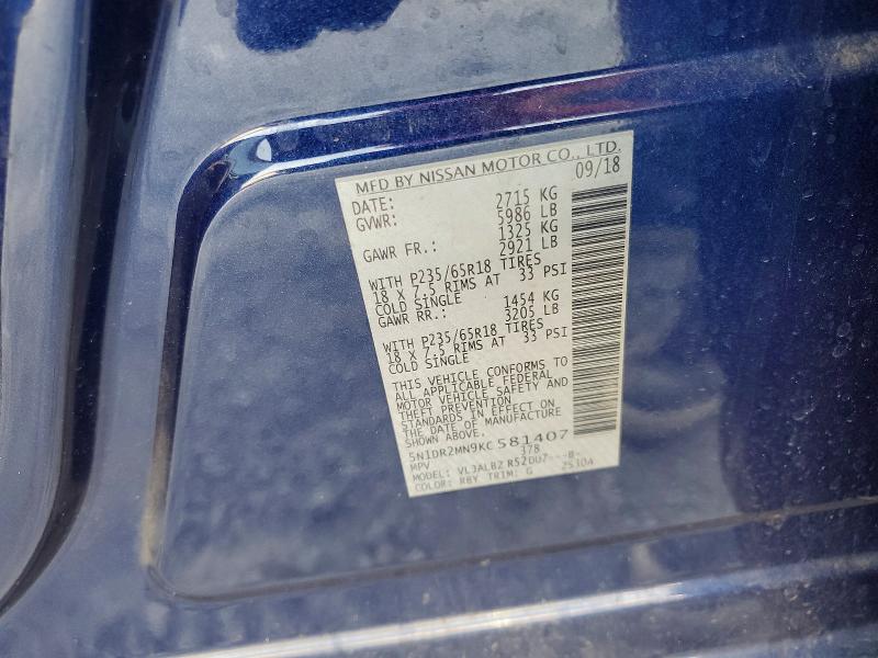 53178496 :رقم المزاد ، 5N1DR2MN9KC581407 vin ، 2019 Nissan Pathfinder مزاد بيع