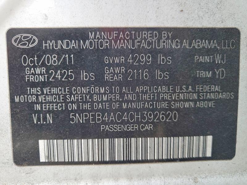52615896 :رقم المزاد ، 5NPEB4AC4CH392620 vin ، 2012 Hyundai Sonata مزاد بيع
