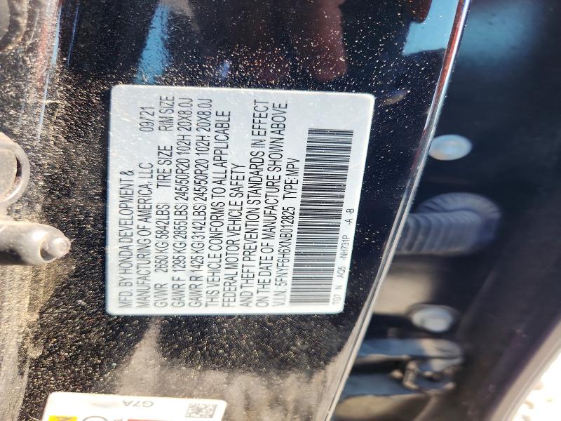 54834166 :رقم المزاد ، 5FNYF6H6XNB012825 vin ، 2022 Honda Pilot مزاد بيع