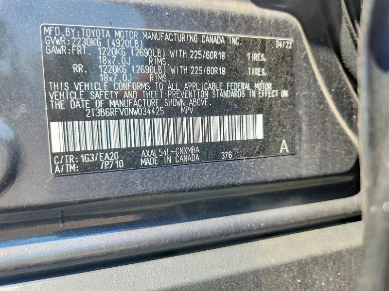 53963306 :رقم المزاد ، 2T3B6RFV0NW034425 vin ، 2022 Toyota Rav4 مزاد بيع