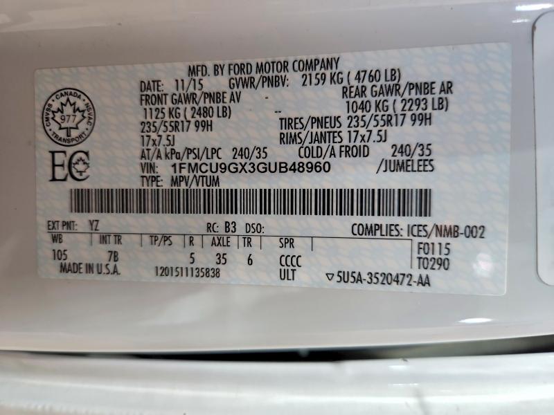 Aukcja sprzedaży 2016 Ford Escape, vin: 1FMCU9GX3GUB48960, numer aukcji: 52229266