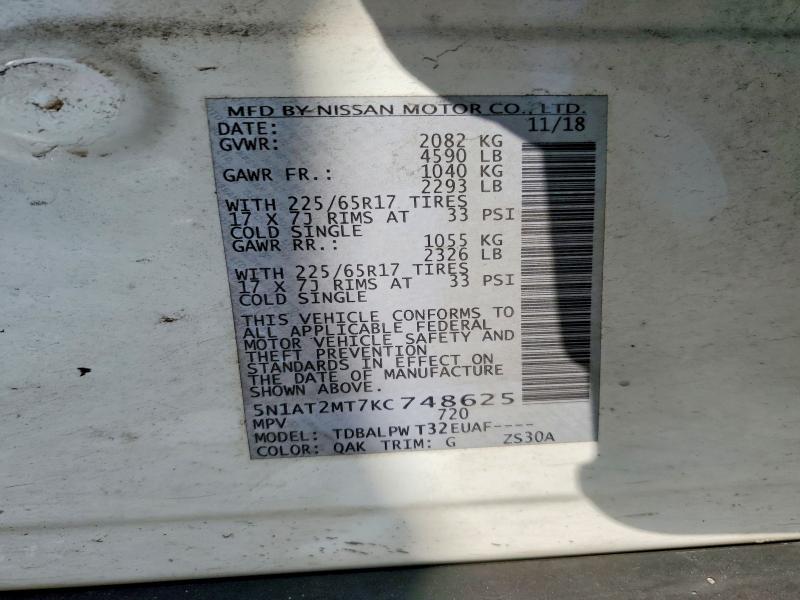 52861226 :رقم المزاد ، 5N1AT2MT7KC748625 vin ، 2019 Nissan Rogue مزاد بيع