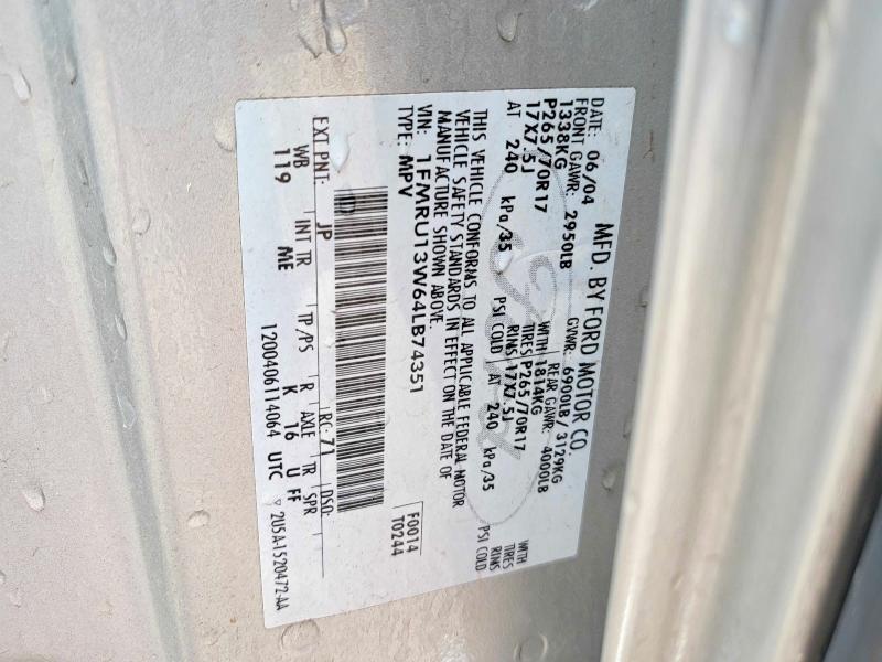 2004 Ford Expedition მანქანა იყიდება აუქციონზე, vin: 1FMRU13W64LB74351, აუქციონის ნომერი: 52101916