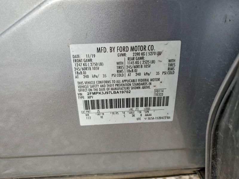 52160136 :رقم المزاد ، 2FMPK3J97LBA19702 vin ، 2020 Ford Edge مزاد بيع