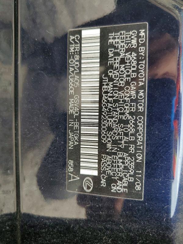 Aukcja sprzedaży 2009 Lexus Es, vin: JTHBJ46G492300609, numer aukcji: 53939566