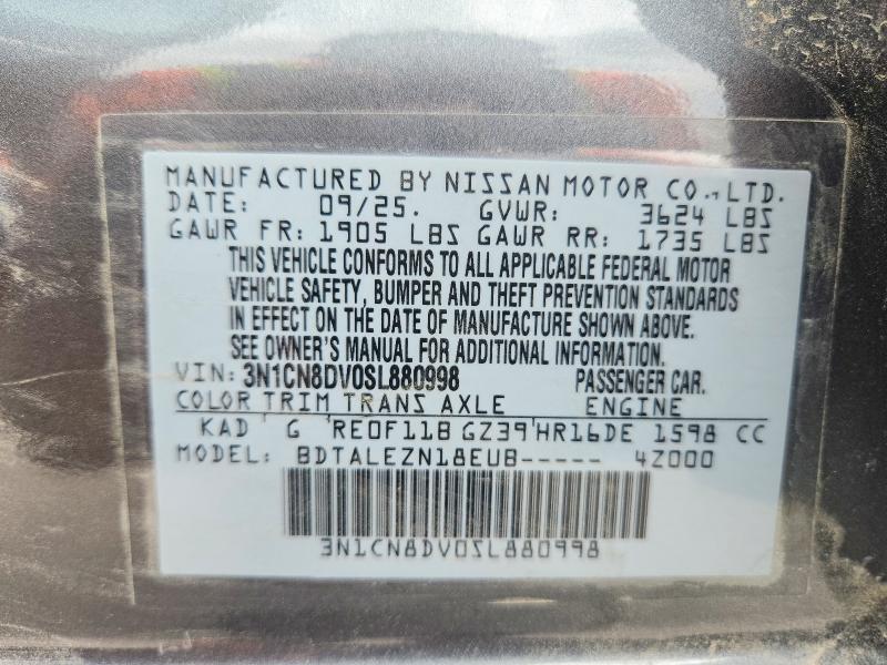 2025 Nissan Versa მანქანა იყიდება აუქციონზე, vin: 3N1CN8DV0SL880998, აუქციონის ნომერი: 54070746