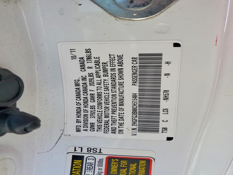 52876576 :رقم المزاد ، 2HGFG3B88CH515484 vin ، 2012 Honda Civic مزاد بيع