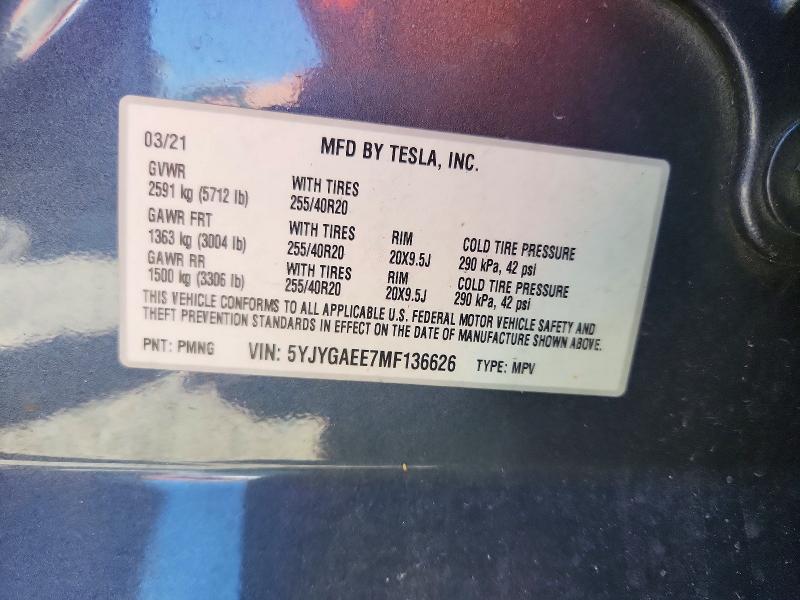 2021 Tesla Model Y მანქანა იყიდება აუქციონზე, vin: 5YJYGAEE7MF136626, აუქციონის ნომერი: 54597046