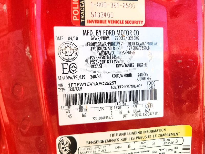2010 Ford F150 მანქანა იყიდება აუქციონზე, vin: 1FTFW1EV1AFC26257, აუქციონის ნომერი: 52706676
