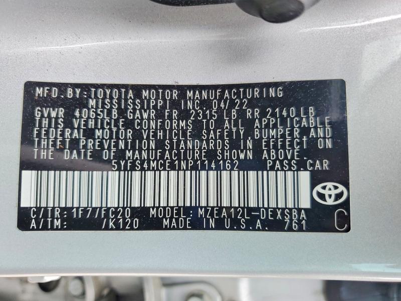 52679706 :رقم المزاد ، 5YFS4MCE1NP114162 vin ، 2022 Toyota Corolla مزاد بيع