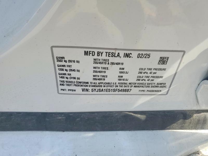 2025 Tesla Model S მანქანა იყიდება აუქციონზე, vin: 5YJSA1E51SF549887, აუქციონის ნომერი: 41631276