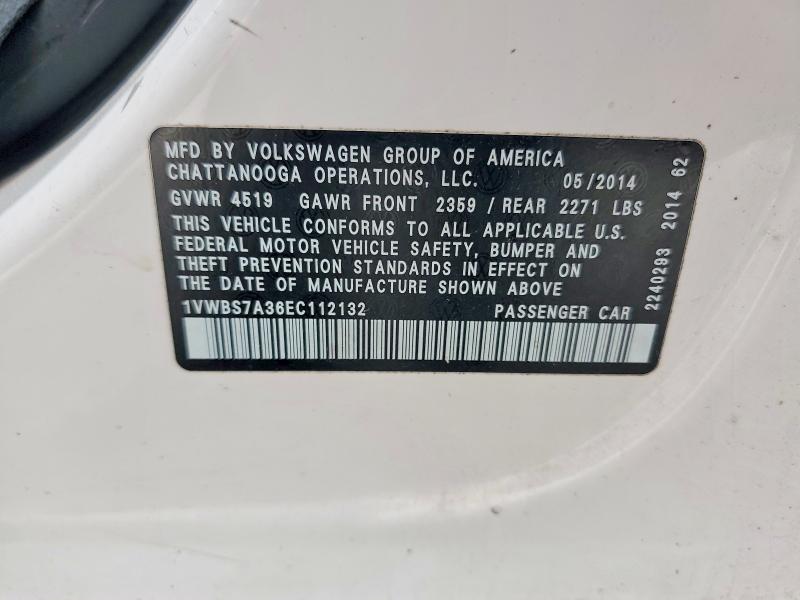 2014 Volkswagen Passat მანქანა იყიდება აუქციონზე, vin: 1VWBS7A36EC112132, აუქციონის ნომერი: 53317086