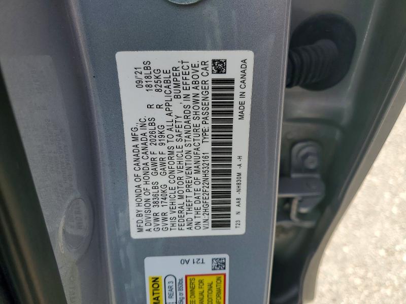 53238376 :رقم المزاد ، 2HGFE2F22NH532161 vin ، 2022 Honda Civic مزاد بيع