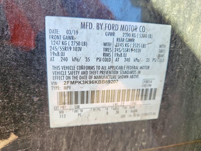 51521706 :رقم المزاد ، 2FMPK3K96KBB89207 vin ، 2019 Ford Edge مزاد بيع