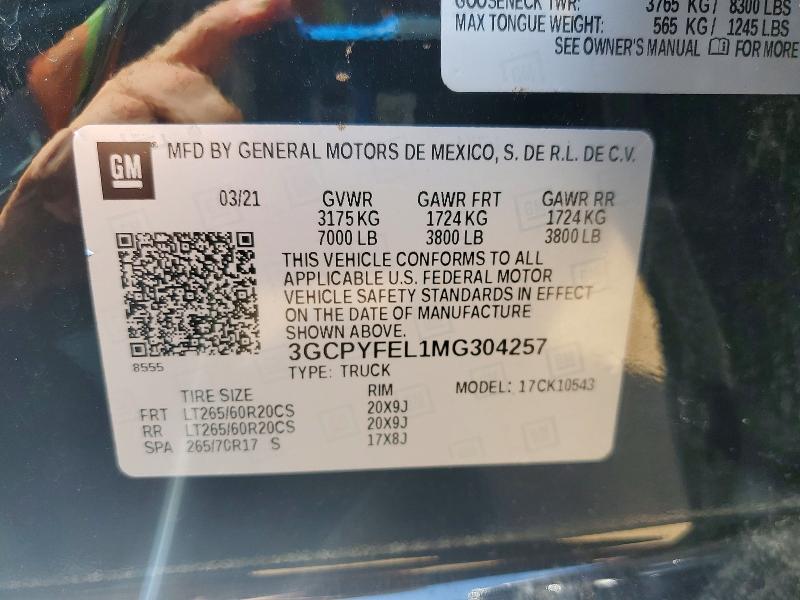 54813026 :رقم المزاد ، 3GCPYFEL1MG304257 vin ، 2021 Chevrolet Silverado مزاد بيع