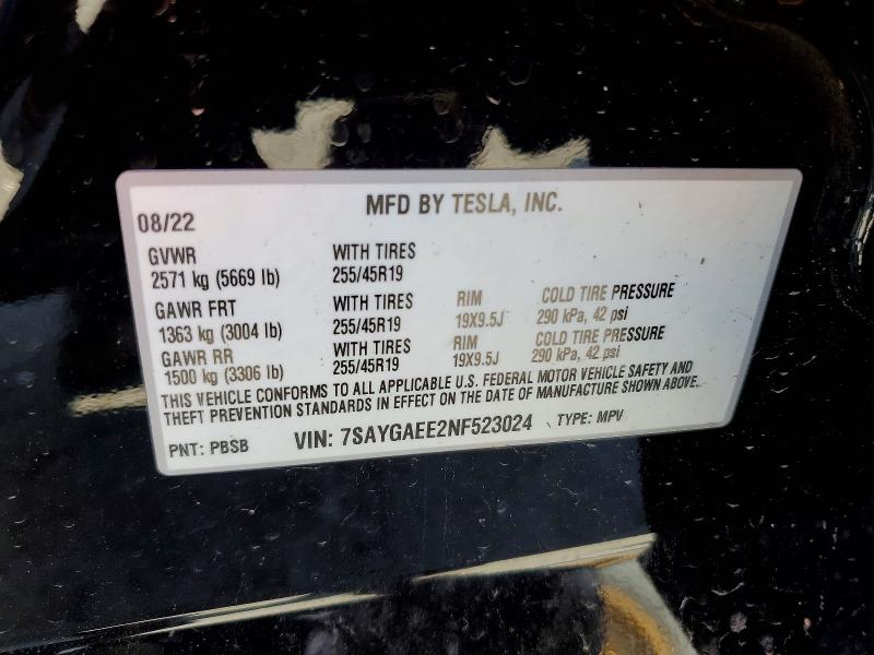 52125156 :رقم المزاد ، 7SAYGAEE2NF523024 vin ، 2022 Tesla Model Y مزاد بيع