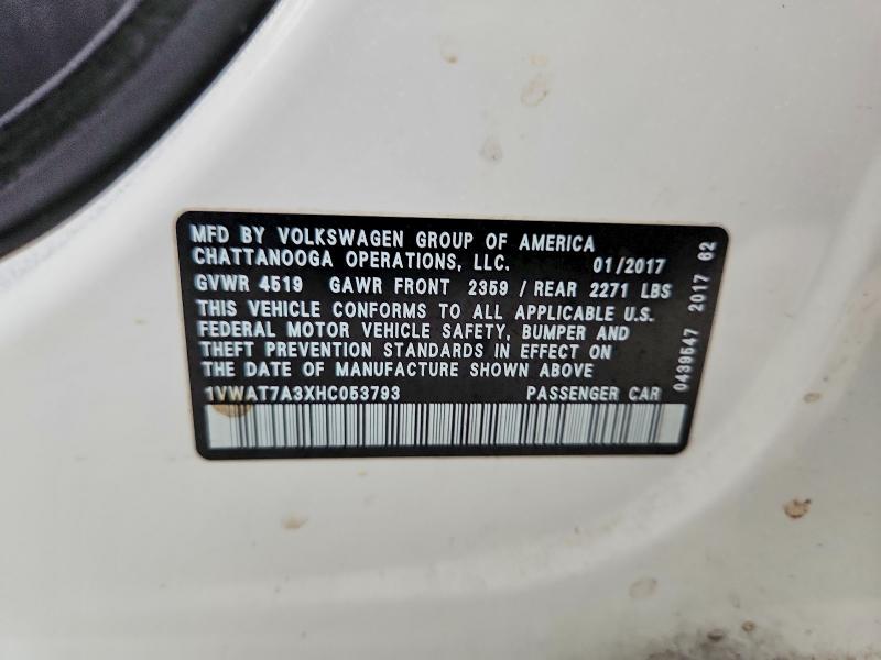 Aukcja sprzedaży 2017 Volkswagen Passat, vin: 1VWAT7A3XHC053793, numer aukcji: 53783046