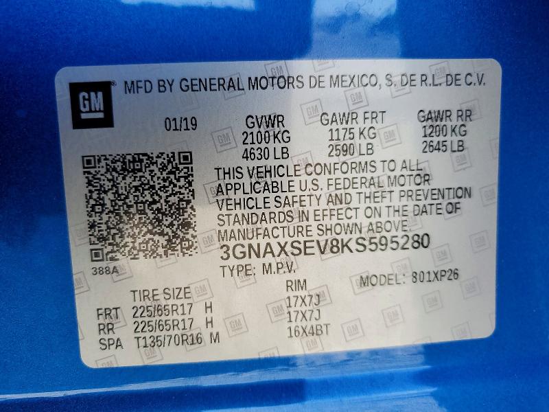 2019 Chevrolet Equinox მანქანა იყიდება აუქციონზე, vin: 3GNAXSEV8KS595280, აუქციონის ნომერი: 53293556
