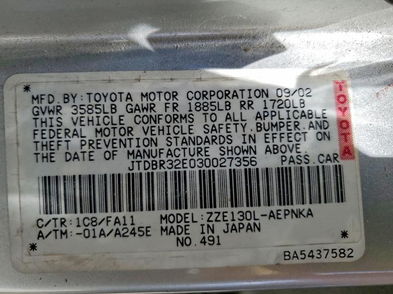 Aukcja sprzedaży 2003 Toyota Corolla, vin: JTDBR32E030027356, numer aukcji: 55064776