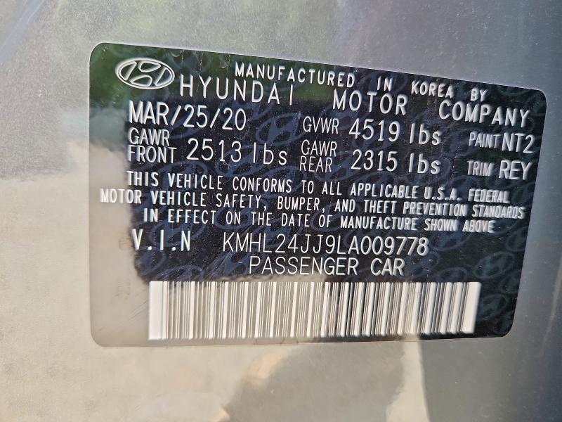 2020 Hyundai Sonata Hybrid მანქანა იყიდება აუქციონზე, vin: KMHL24JJ9LA009778, აუქციონის ნომერი: 53873956