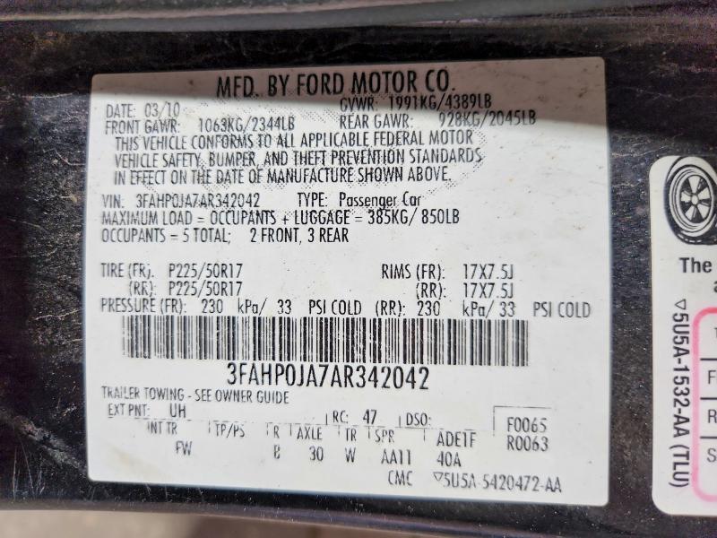 Aukcja sprzedaży 2010 Ford Fusion, vin: 3FAHP0JA7AR342042, numer aukcji: 52843116