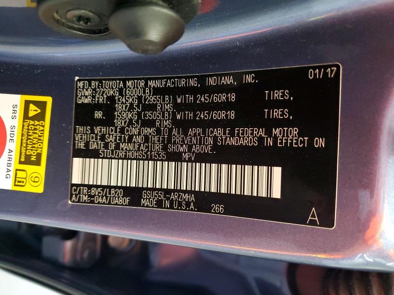 53600576 :رقم المزاد ، 5TDJZRFH0HS511535 vin ، 2017 Toyota Highlander مزاد بيع