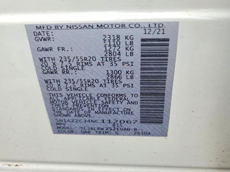 Продаж на аукціоні авто 2022 Nissan Murano, vin: 5N1AZ2CJ4NC112067, номер лоту: 54224586