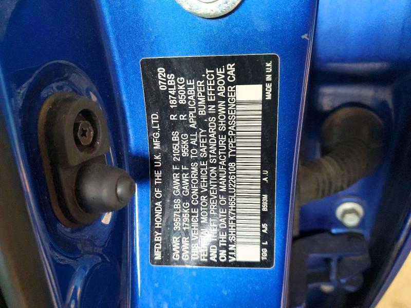 2020 Honda Civic მანქანა იყიდება აუქციონზე, vin: SHHFK7H65LU226108, აუქციონის ნომერი: 52242186