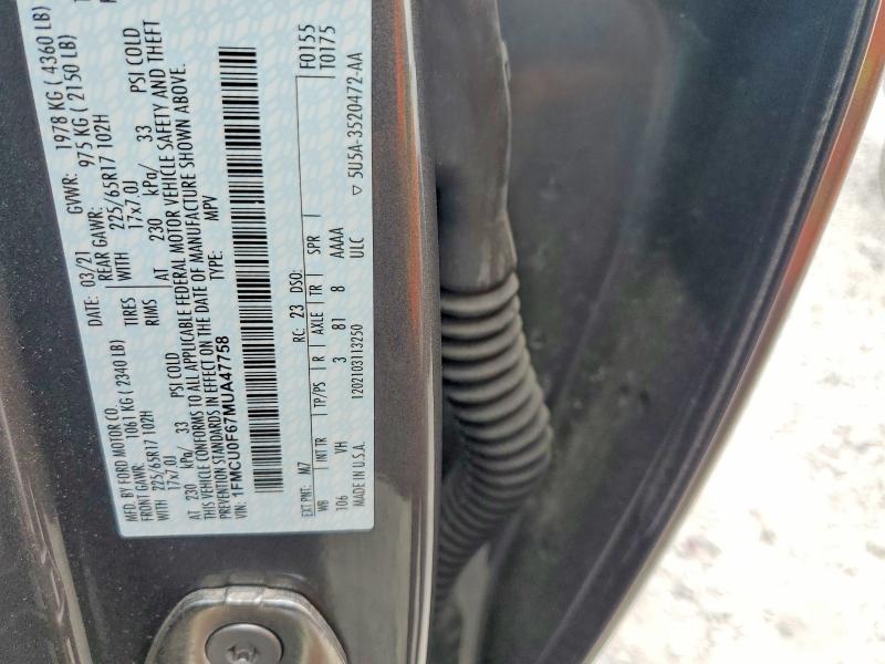 Aukcja sprzedaży 2021 Ford Escape, vin: 1FMCU0F67MUA47758, numer aukcji: 52427676