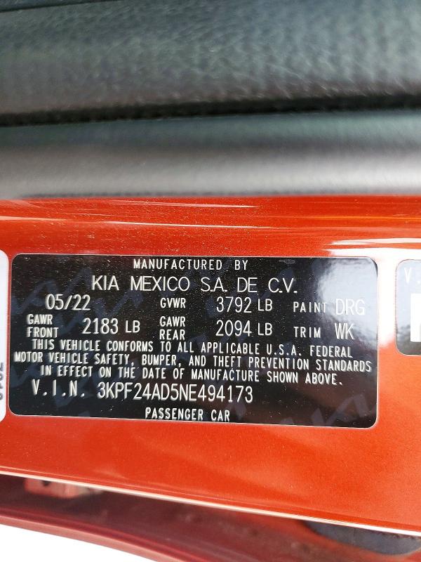 Aukcja sprzedaży 2022 Kia Forte, vin: 3KPF24AD5NE494173, numer aukcji: 52300196