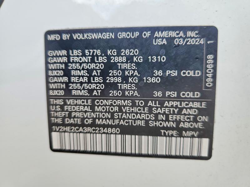 54254126 :رقم المزاد ، 1V2HE2CA3RC234860 vin ، 2024 Volkswagen Atlas Cross Sport مزاد بيع