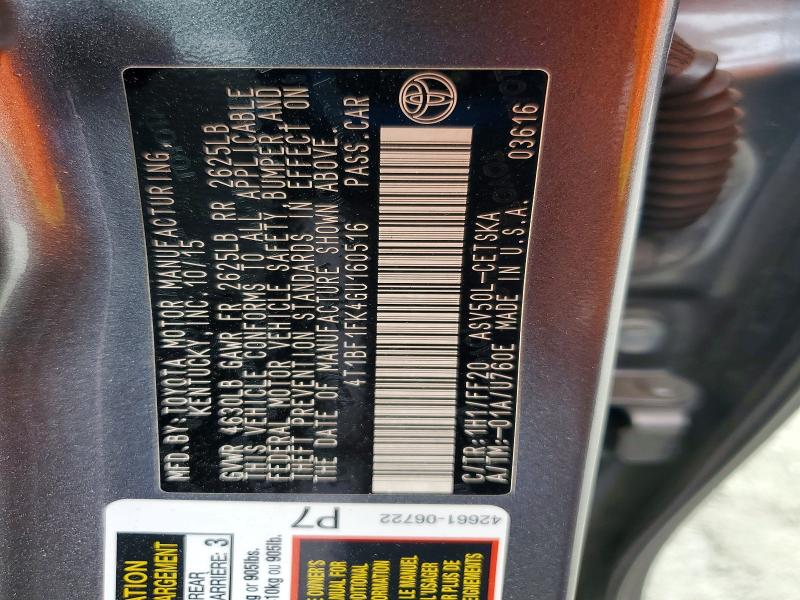 54591266 :رقم المزاد ، 4T1BF1FK4GU160516 vin ، 2016 Toyota Camry مزاد بيع