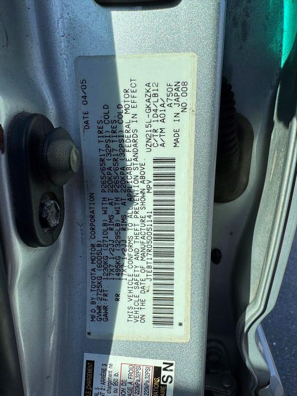 Auction sale of the 2005 Toyota 4runner, vin: JTEBT17R050051141, lot number: 52865456