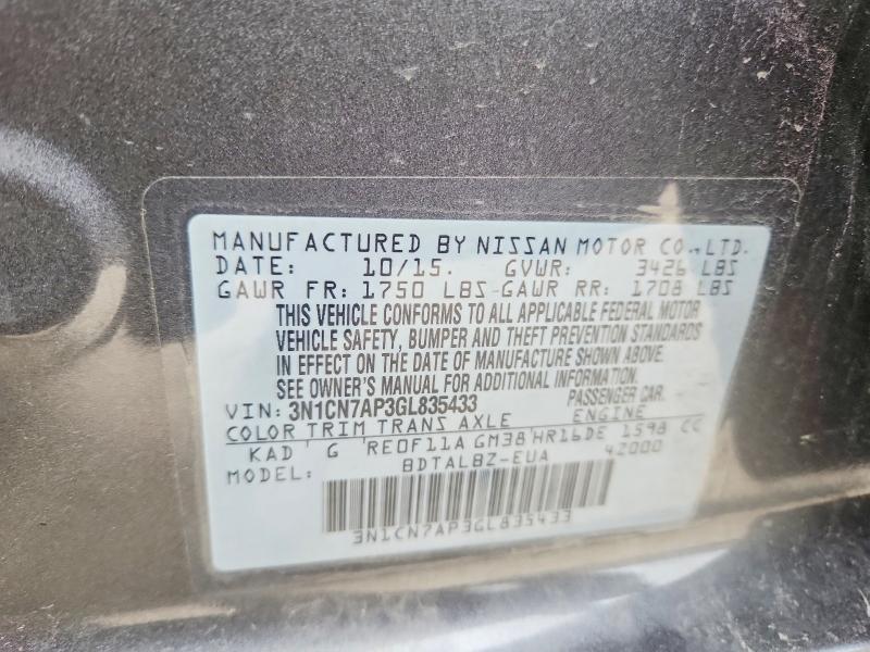 Aukcja sprzedaży 2016 Nissan Versa, vin: 3N1CN7AP3GL835433, numer aukcji: 53525866