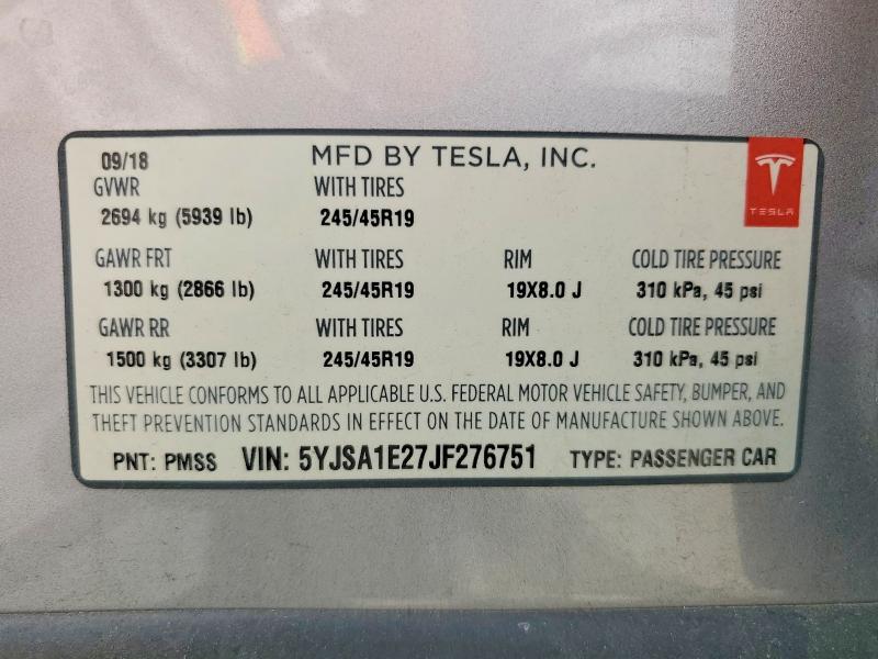 Aukcja sprzedaży 2018 Tesla Model S, vin: 5YJSA1E27JF276751, numer aukcji: 55590486