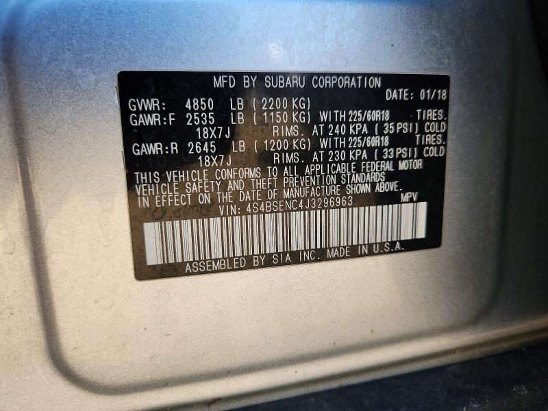 53046286 :رقم المزاد ، 4S4BSENC4J3296963 vin ، 2018 Subaru Outback مزاد بيع