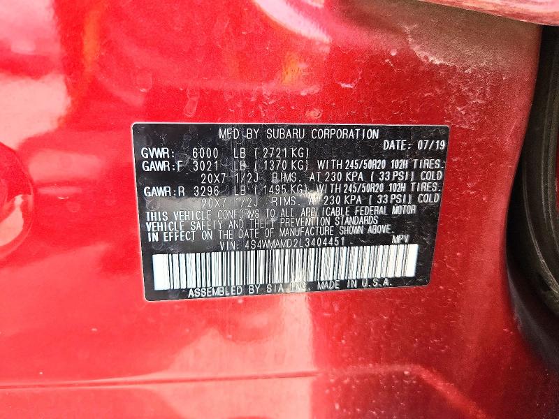2020 Subaru Ascent მანქანა იყიდება აუქციონზე, vin: 4S4WMAMD2L3404451, აუქციონის ნომერი: 54537806