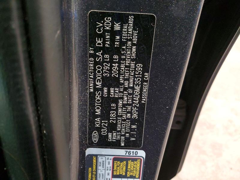 2021 Kia Forte მანქანა იყიდება აუქციონზე, vin: 3KPF24AD6ME351599, აუქციონის ნომერი: 53380246