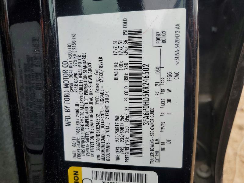 Продаж на аукціоні авто 2019 Ford Fusion, vin: 3FA6P0HD5KR246502, номер лоту: 52819006