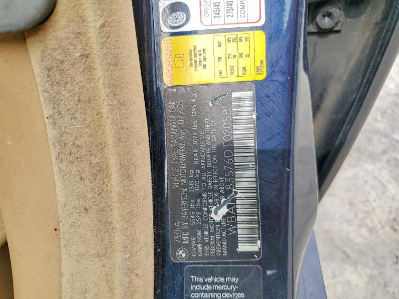 2006 Bmw 750 მანქანა იყიდება აუქციონზე, vin: WBAHL83576DT02058, აუქციონის ნომერი: 54547236